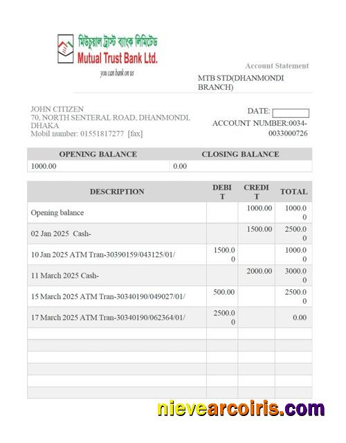 Professional Bangladesh Mutual Trust Bank Account Statement Word And PDF Template