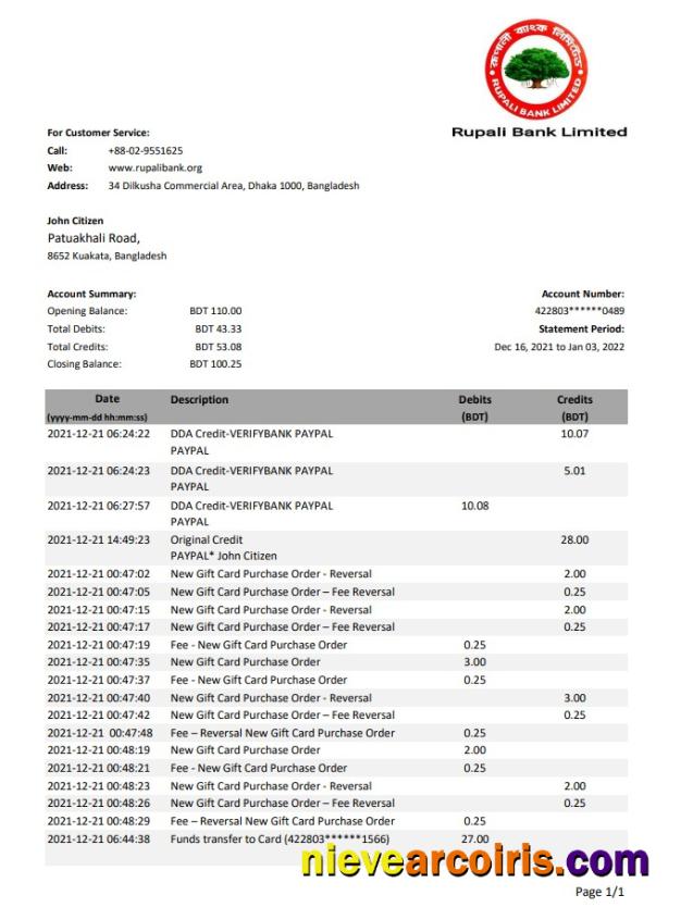 Bangladesh Rupalii Bank Statement Photolook