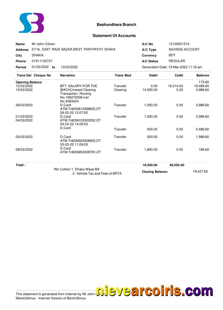 Bangladesh SB Bank Statement Sample