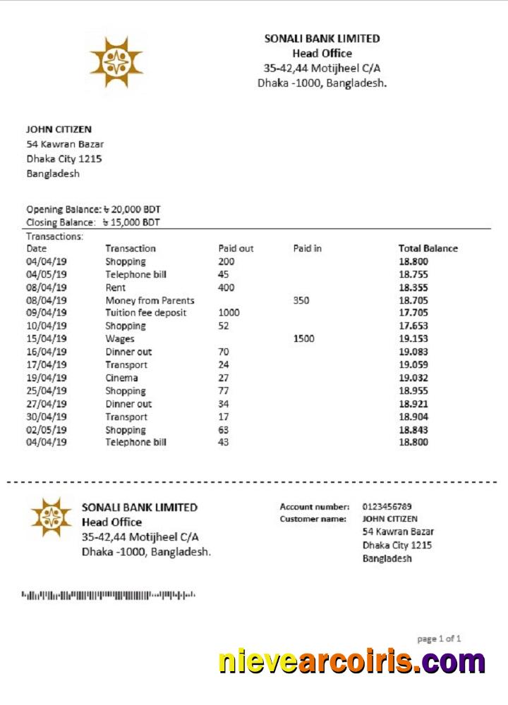Bangladesh Sonali Bank Statement Sample