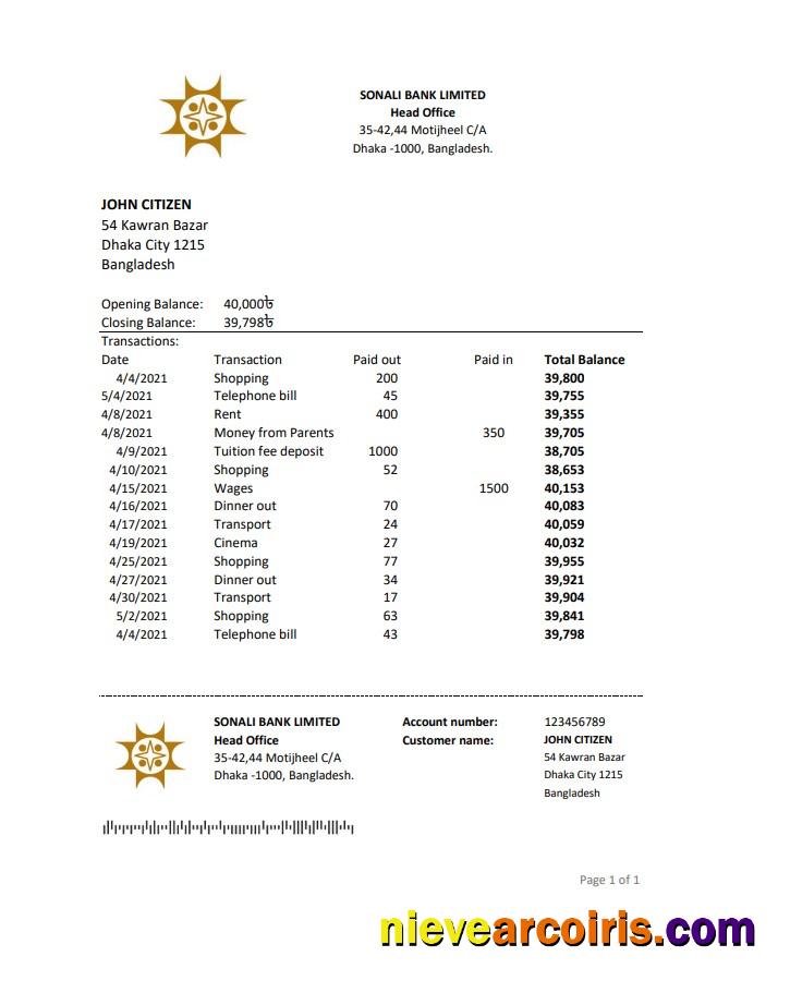 Professional Bangladesh Sonali Bank Statement Easy To Fill Template In Excel And PDF Format