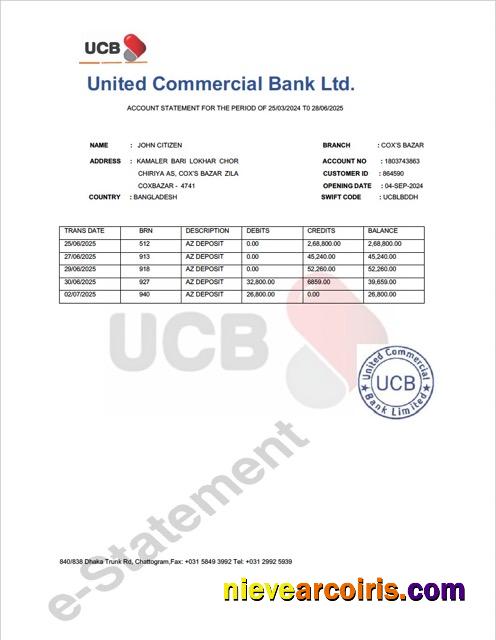 Professional Bangladesh United Commercial Bank Account Statement Word And PDF Template