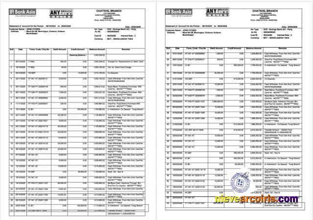 Professional Bangladesh Bank Asia PLC Statement Of Account Word And PDF Template, 2 Pages