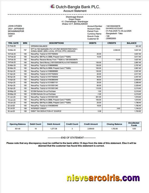 Editable Bangladesh Dutch Bangla Bank Limited Account Statement Word And PDF Template