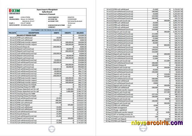 Premium Bangladesh Exim Bank Statement Of Account Word And PDF Template, 2 Pages