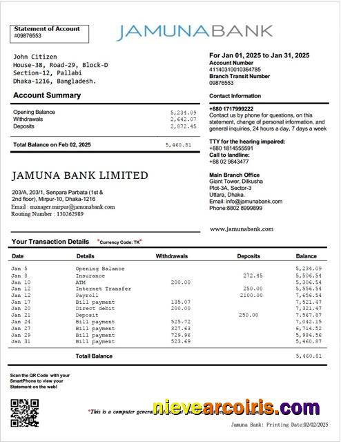 Premium Bangladesh Jamuna Bank Statement Of Account Word And PDF Template