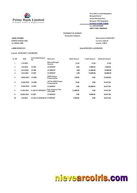 Editable Bangladesh Prime Bank Limited Statement Of Account Word And PDF Template, Version 2
