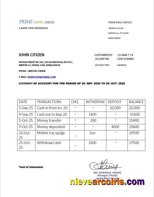 Editable Bangladesh Prime Bank Limited Statement Of Account Word And PDF Template