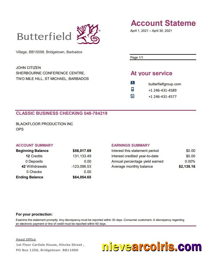 Professional Barbados Butterfield Bank Statement Easy To Fill Template In .xls And .pdf File Format