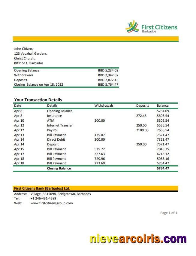Barbados First Citizens Bank Statement Xls Preview