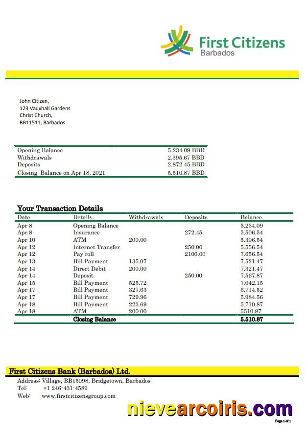 Barbados First Citizens Bank Statement Template
