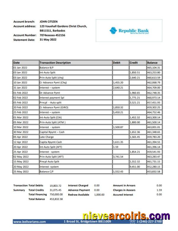 Barbados Republic Bank Statement Sample