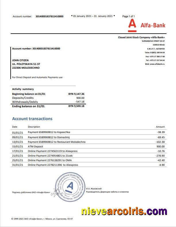 Professional Belarus Alfa Bank Statement Template In Word And PDF Format