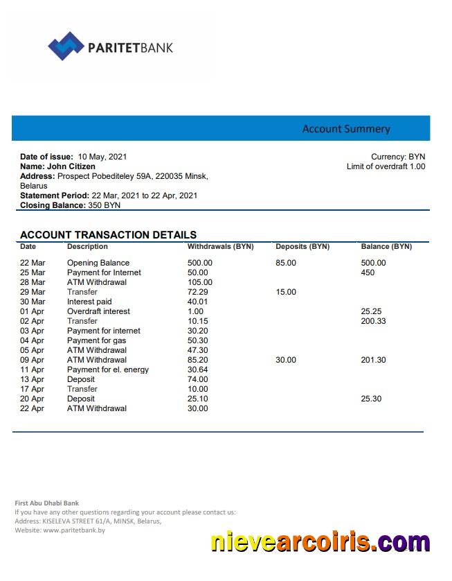 Belarus Paritet Bank Statement Template