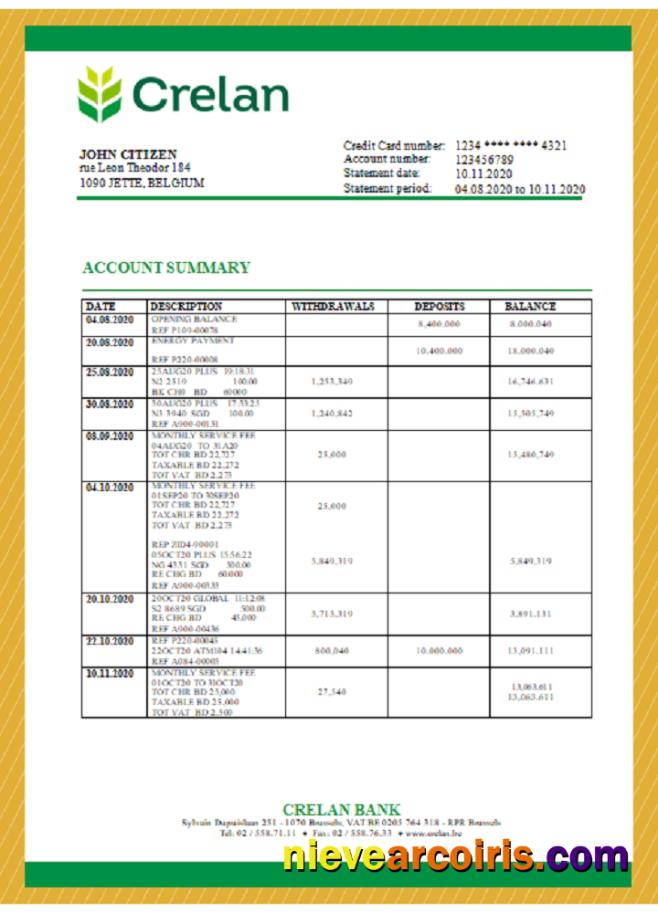 Editable Belgium Crelan Bank Statement Template In Word And PDF Format
