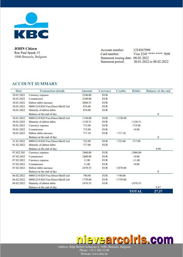 Professional Belgium KBC Bank Statement Template In Word And PDF Format