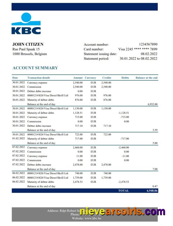 Belgium KBC Bank Statement Template