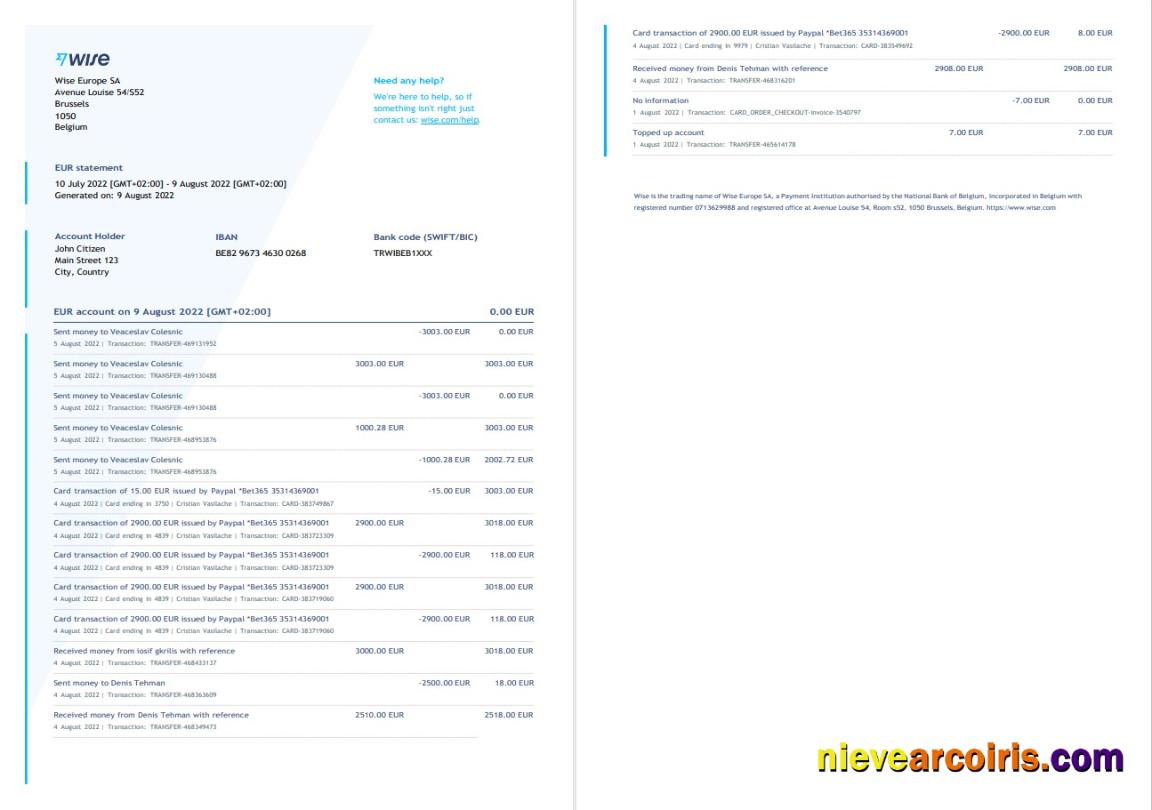 Belgium Wise Bank Statement Template