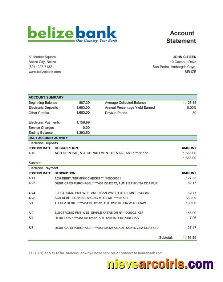 Editable Belize Belizebank Bank Statement Easy To Fill Template In .xls And .pdf File Format