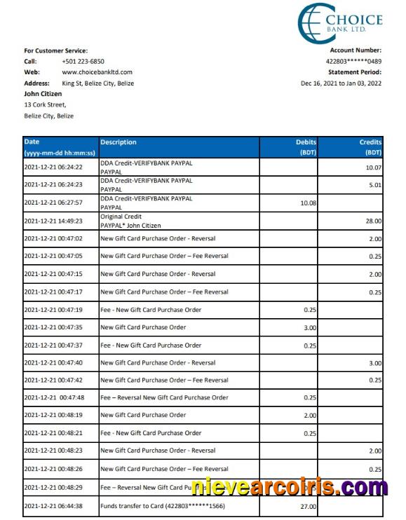 Belize Choice Bank Statement Sample