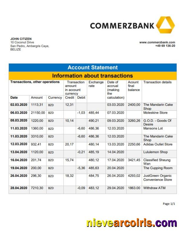 Belize Commerzbank Bank Statement Template