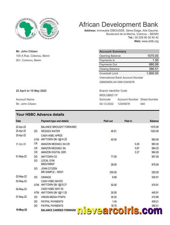 Benin African Development Bank Statement Xls Photolook