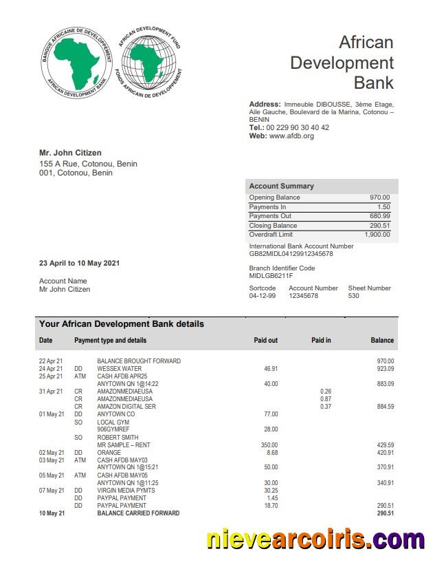 Benin African Development Bank Statement Preview