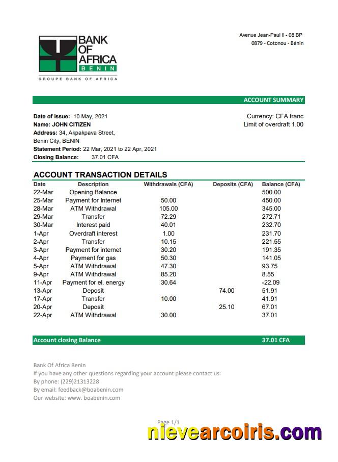 Professional Benin Bank Of Africa Bank Statement Easy To Fill Template In Excel And PDF Format