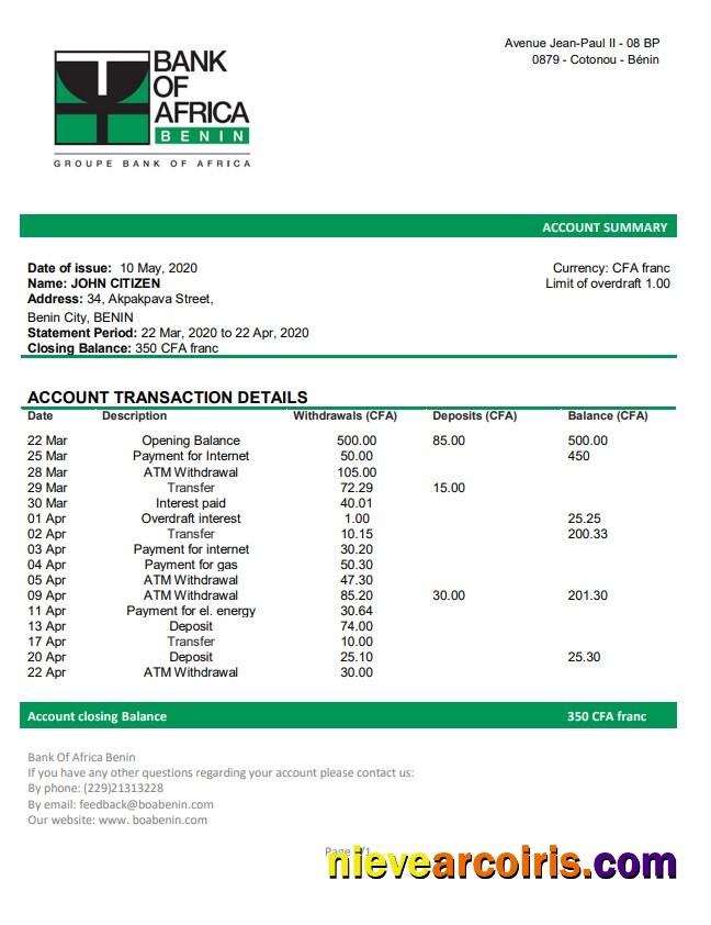 Benin Bank Of Africa Bank Statement Sample