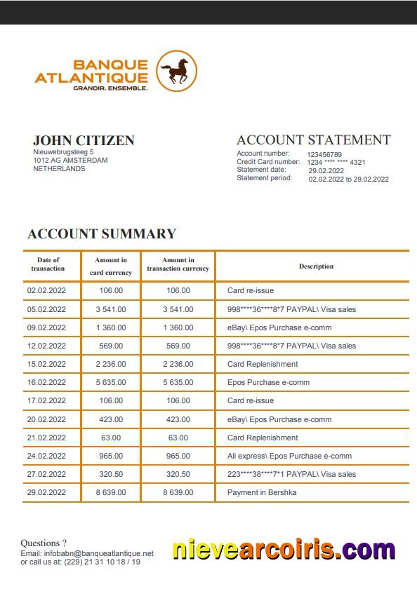 Editable Benin Banque Atlantique Bank Statement Template In Word And PDF Format