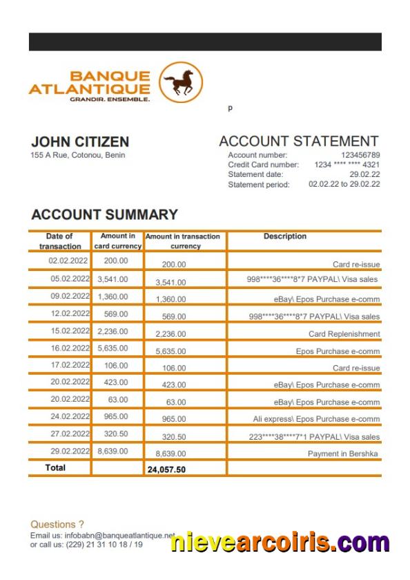 Benin Banque Atlantique Bank Statement Preview