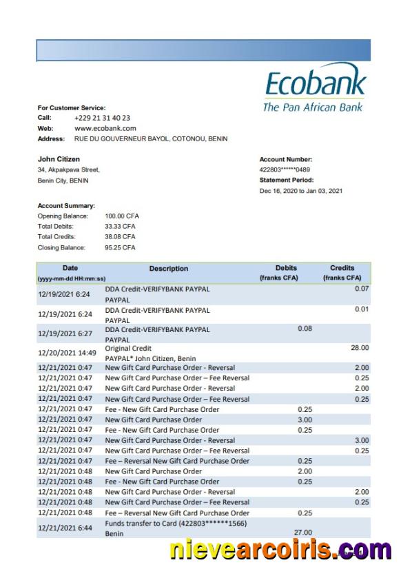 Editable Benin Ecobank Bank Statement Easy To Fill Template In .xls And .pdf File Format