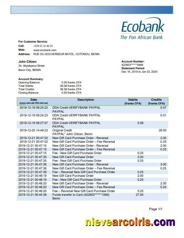 Benin Ecobank Bank Statement Template