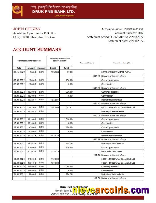 Bhutan Druk PNB Bank Statement Template