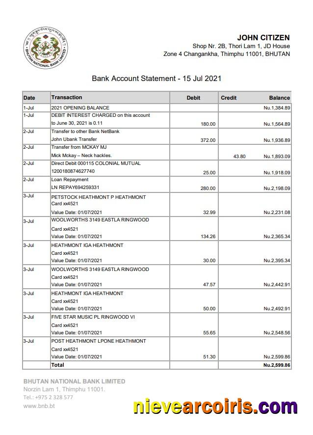 Premium Bhutan National Bank Statement Easy To Fill Template In Excel And PDF Format