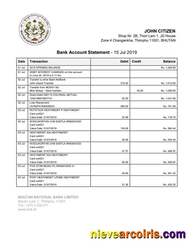 Bhutan National Bank Statement Template
