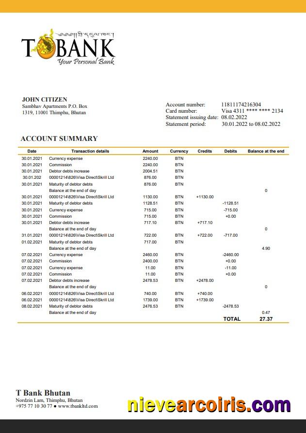 Bhutan T Bank Statement Sample