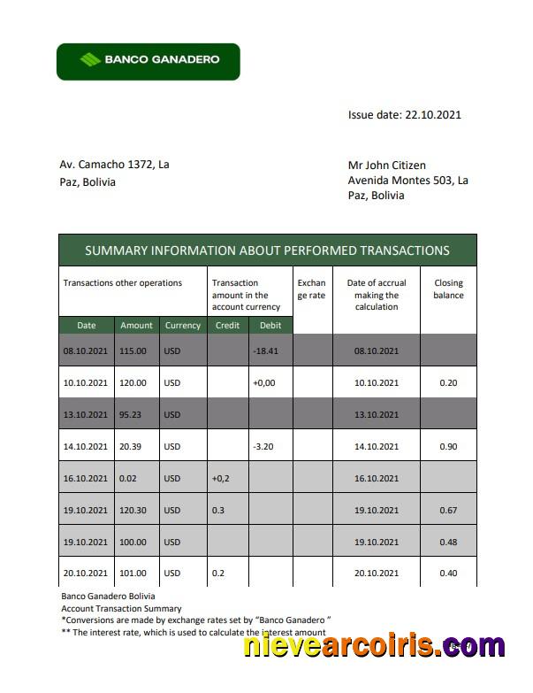 Editable Bolivia Banco Ganadero Bank Statement Template, Word And PDF Format