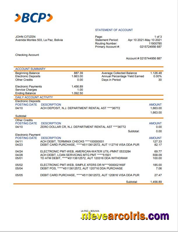 Professional Bolivia Banco De Crédito De Bolivia Bank Statement Template In Word And PDF Format