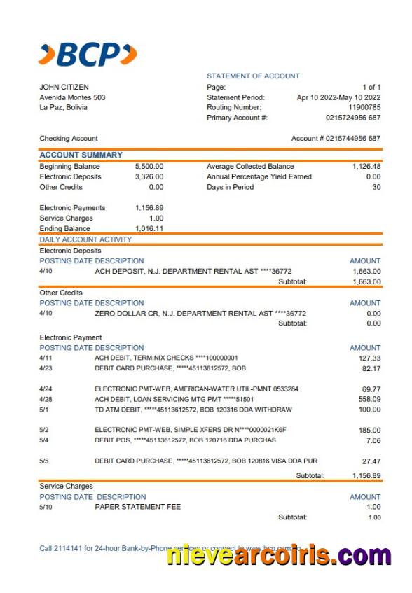 Bolivia Banco De Crédito De Bolivia Statement Preview