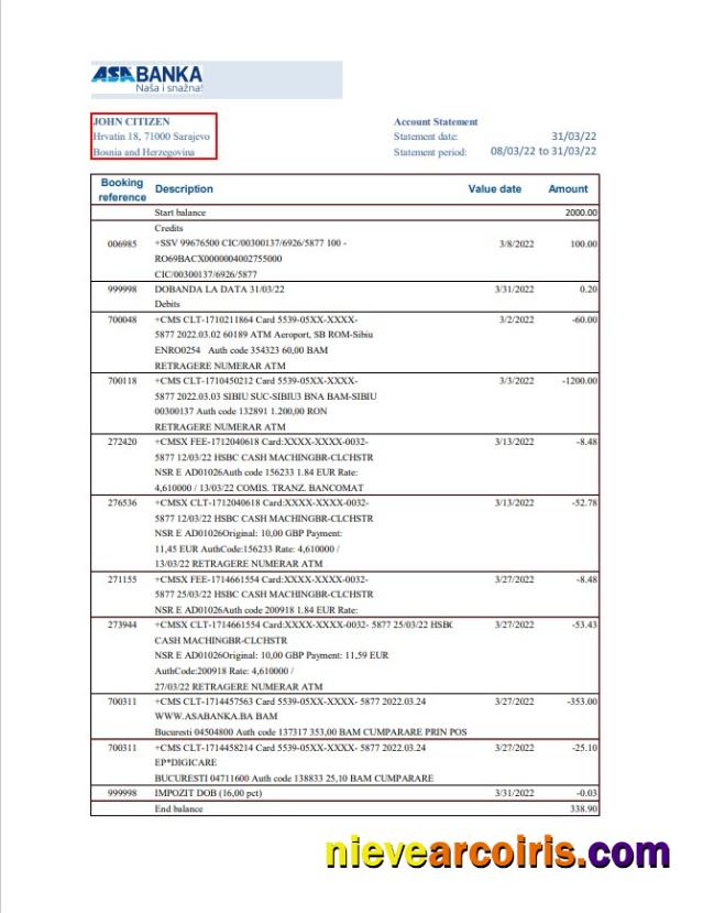 Realistic Bosnia And Herzegovina ASA Banka Bank Statement Template In Excel And PDF Format
