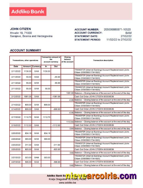 Bosnia And Herzegovina Addiko Bank Statement Preview