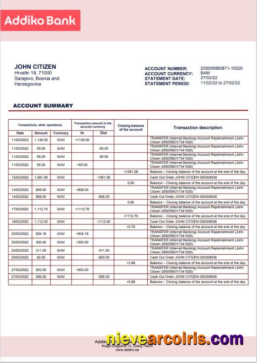 Realistic Bosnia And Herzegovina Addiko Bank Statement Template In Word And PDF Format