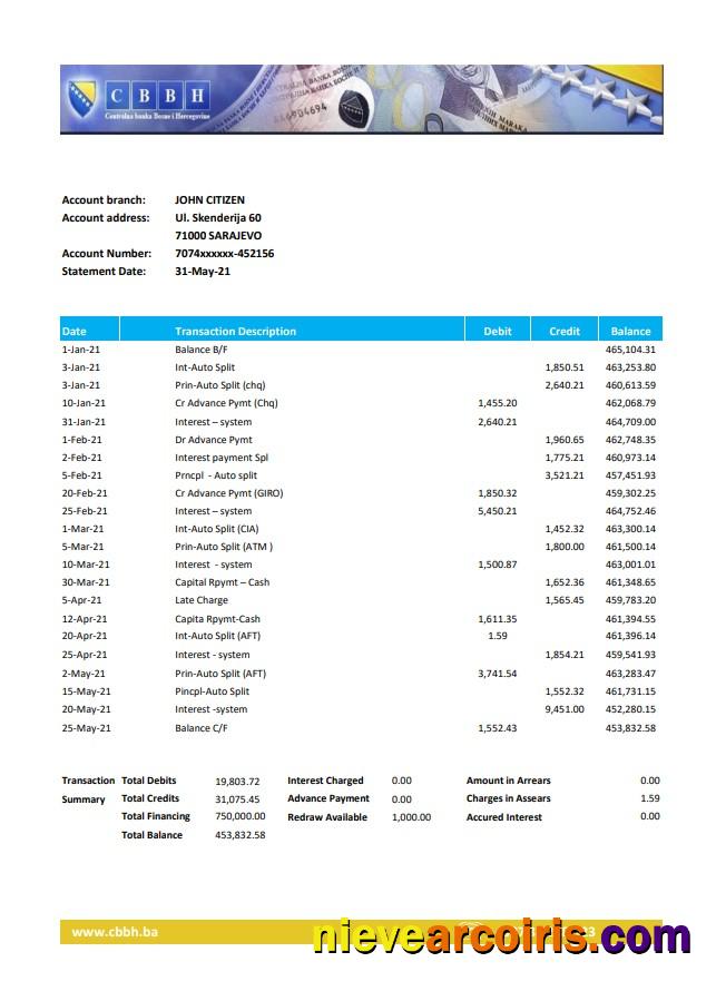 Realistic Bosnia And Herzegovina Central Bank Statement Easy To Fill Template In Excel And PDF Format (AutoSum)