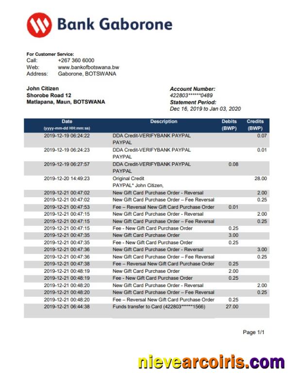 Botswana Bank Gaborone Bank Statement Preview