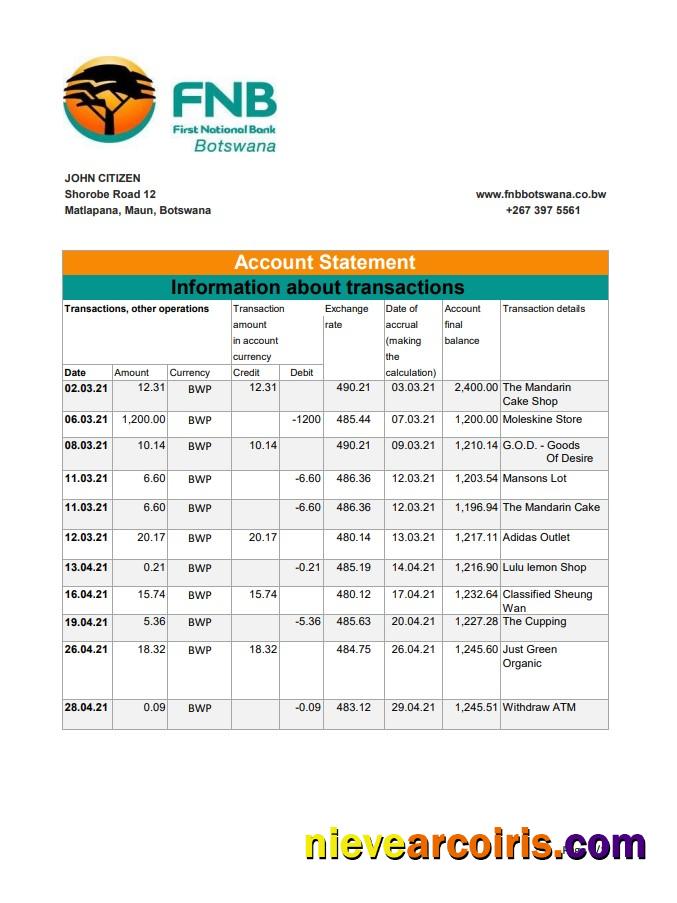 Realistic Botswana FNB Of Botswana Bank Statement Template In .xls And .pdf File Format
