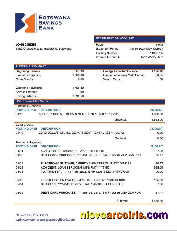 Professional Botswana Savings Bank Statement Template, Word And PDF Format
