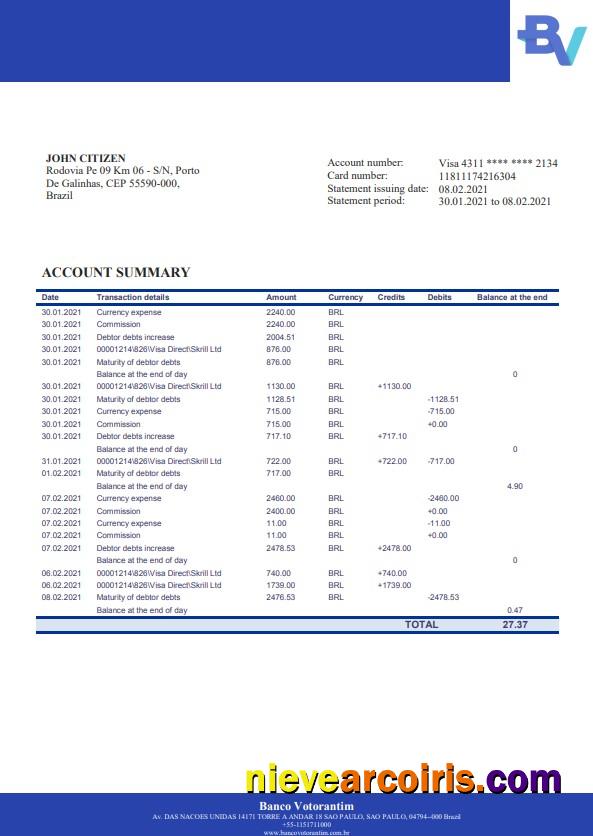 Realistic Brazil Banco Votorantim Bank Statement Template In Word And PDF Format