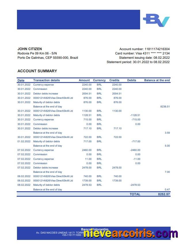 Brazil Banco Votorantim Bank Statement Template