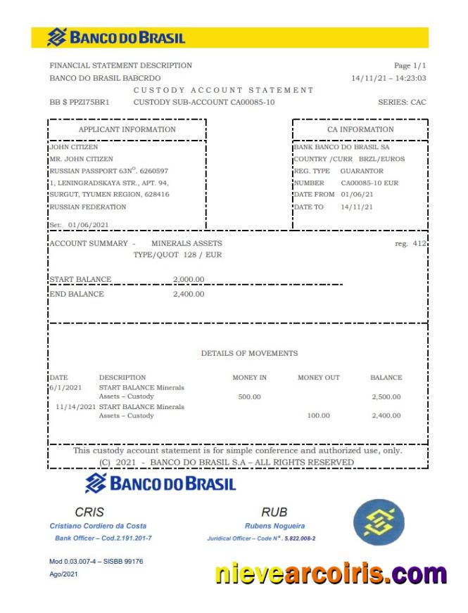 Editable Brazil Banco Do Brasil Bank Statement Easy To Fill Template In Excel And PDF Format